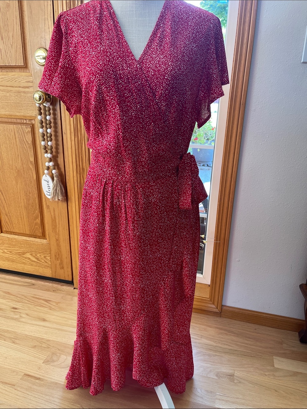 Red Floral Wrap Maxi Dress with Tie Waist and Flutter Sleeves